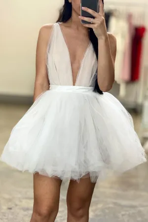 Cute V Neck Short White Evening Dress, V Neck White Cocktail Dress, White Formal Prom Dresses
