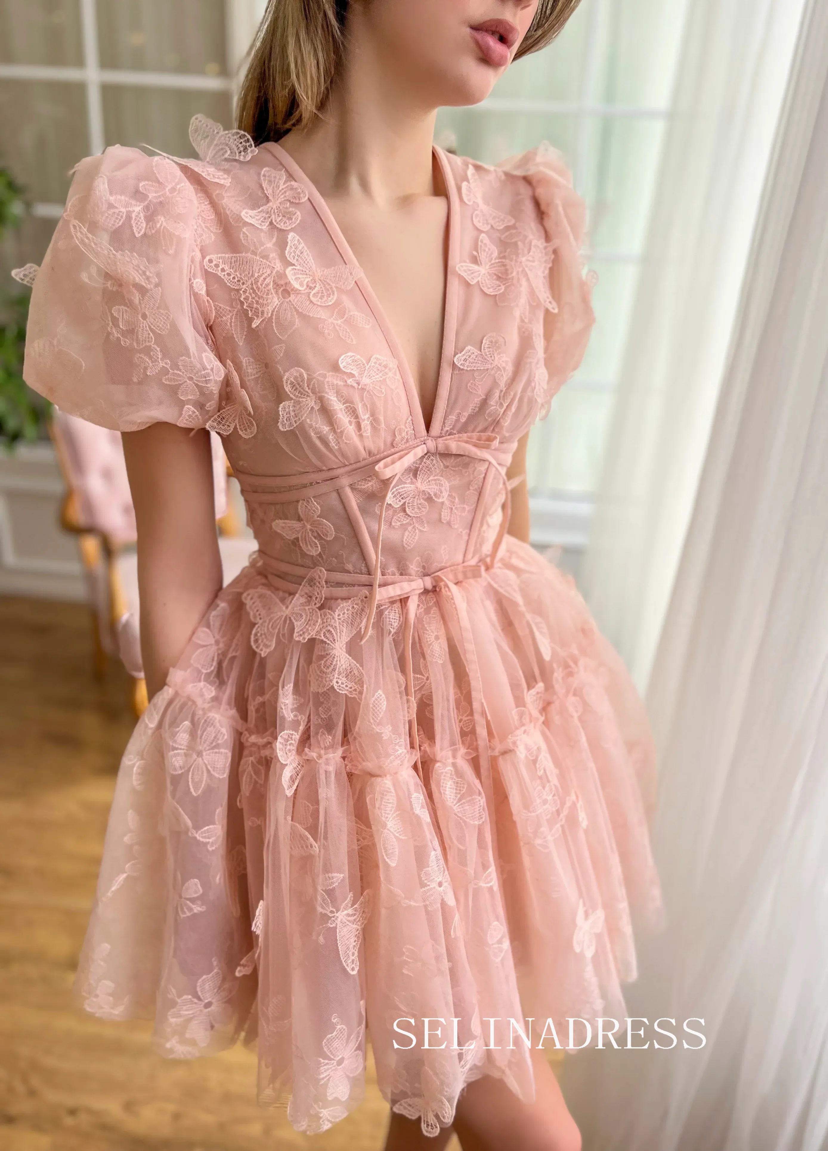 Lovely Pink V neck Homecoming Dresses Butterfly Lace Hoco Dress Cocktail Dress #TKL2002