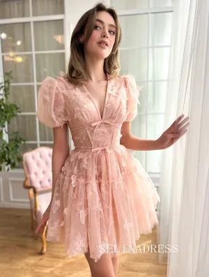 Lovely Pink V neck Homecoming Dresses Butterfly Lace Hoco Dress Cocktail Dress #TKL2002