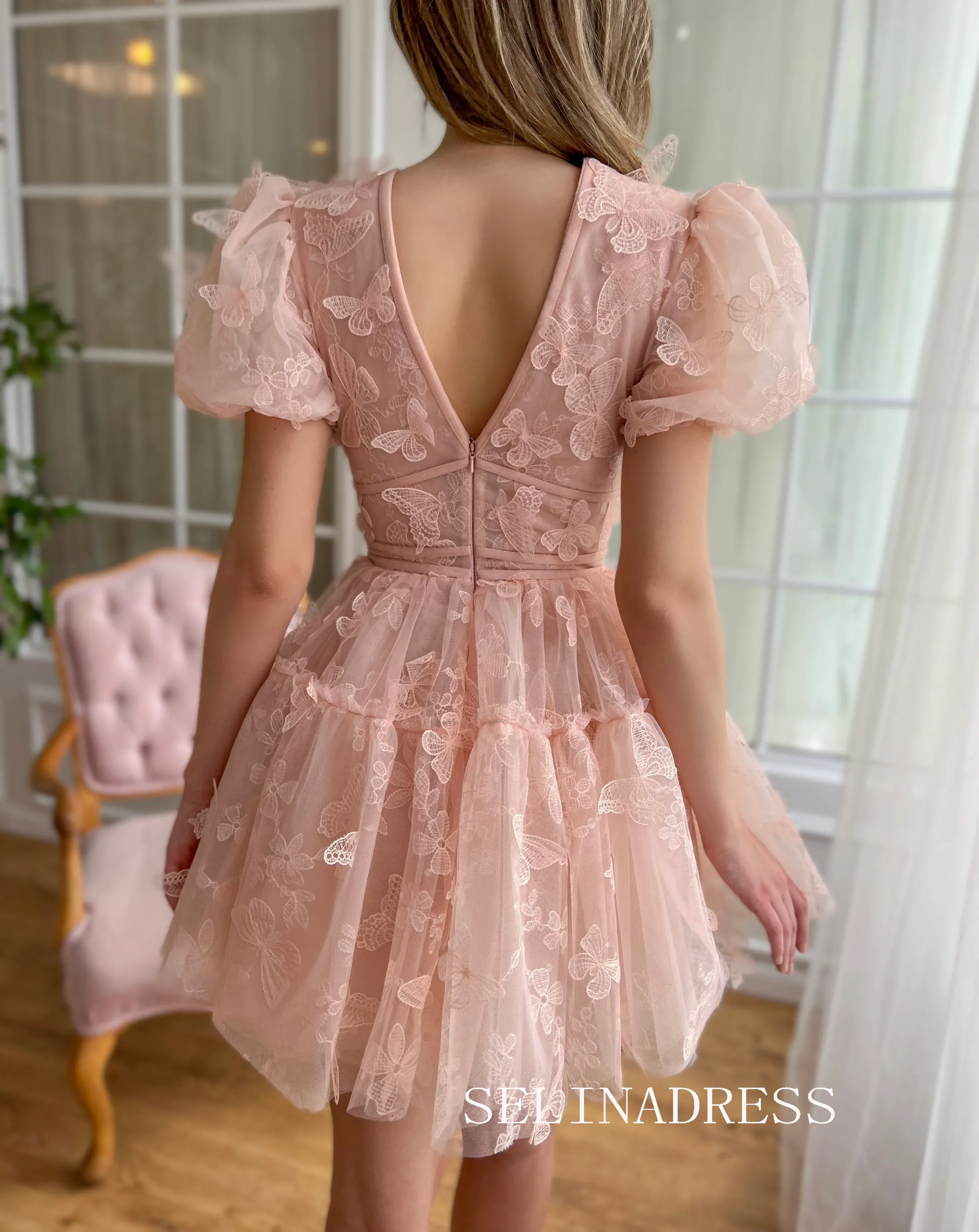 Lovely Pink V neck Homecoming Dresses Butterfly Lace Hoco Dress Cocktail Dress #TKL2002