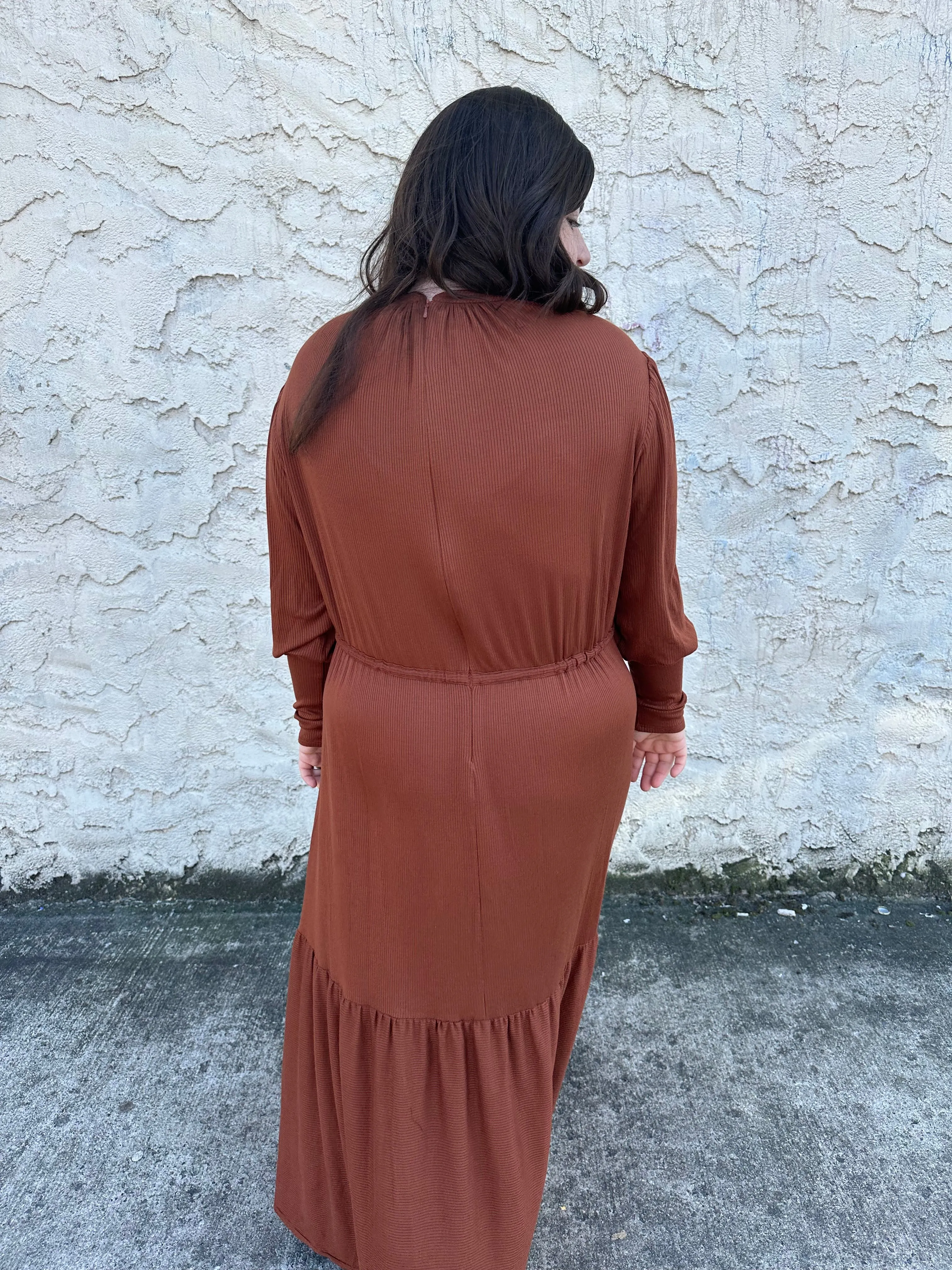 The Ribbed Maxi Drawstring Dress (Caramel)