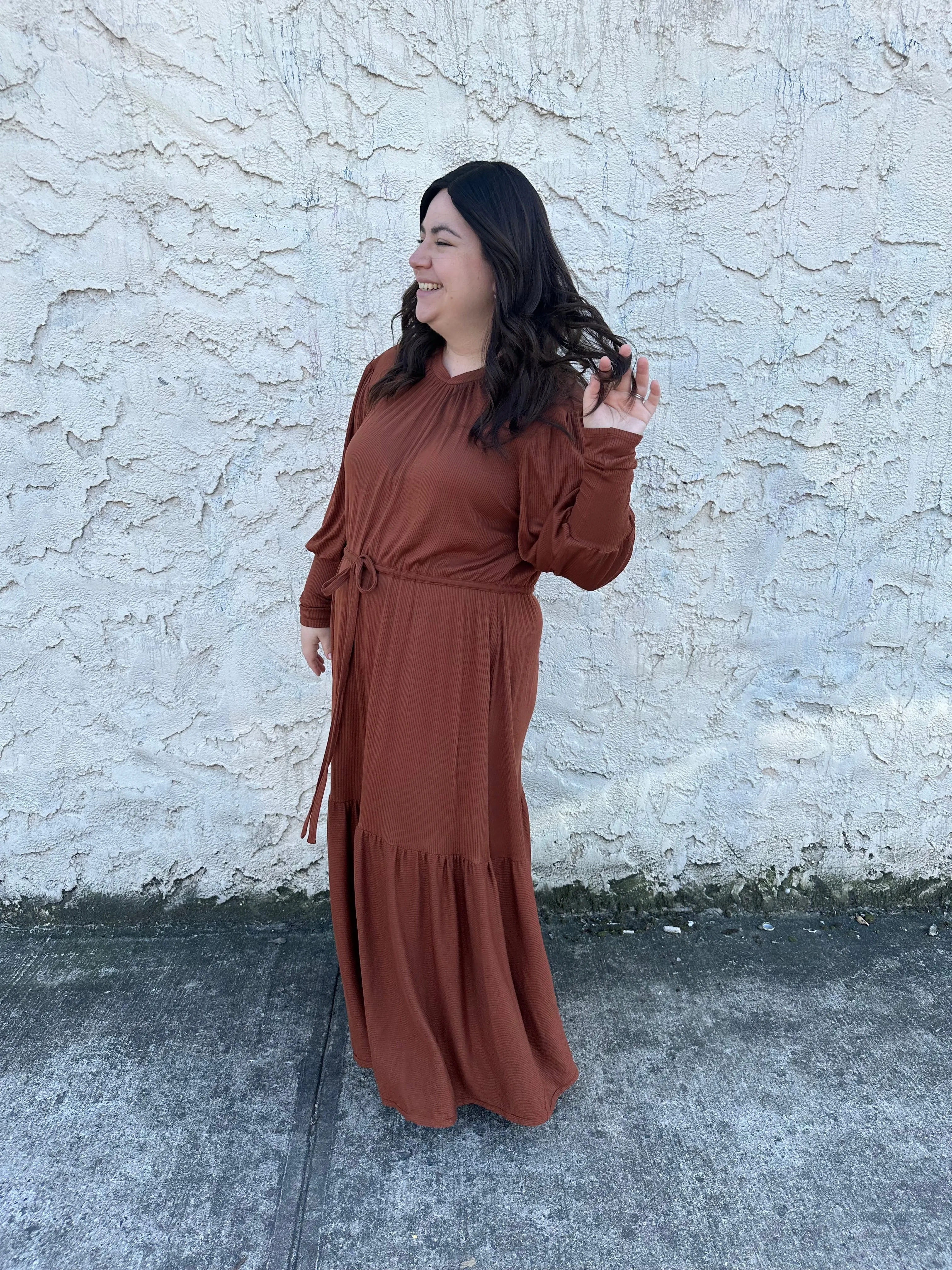 The Ribbed Maxi Drawstring Dress (Caramel)