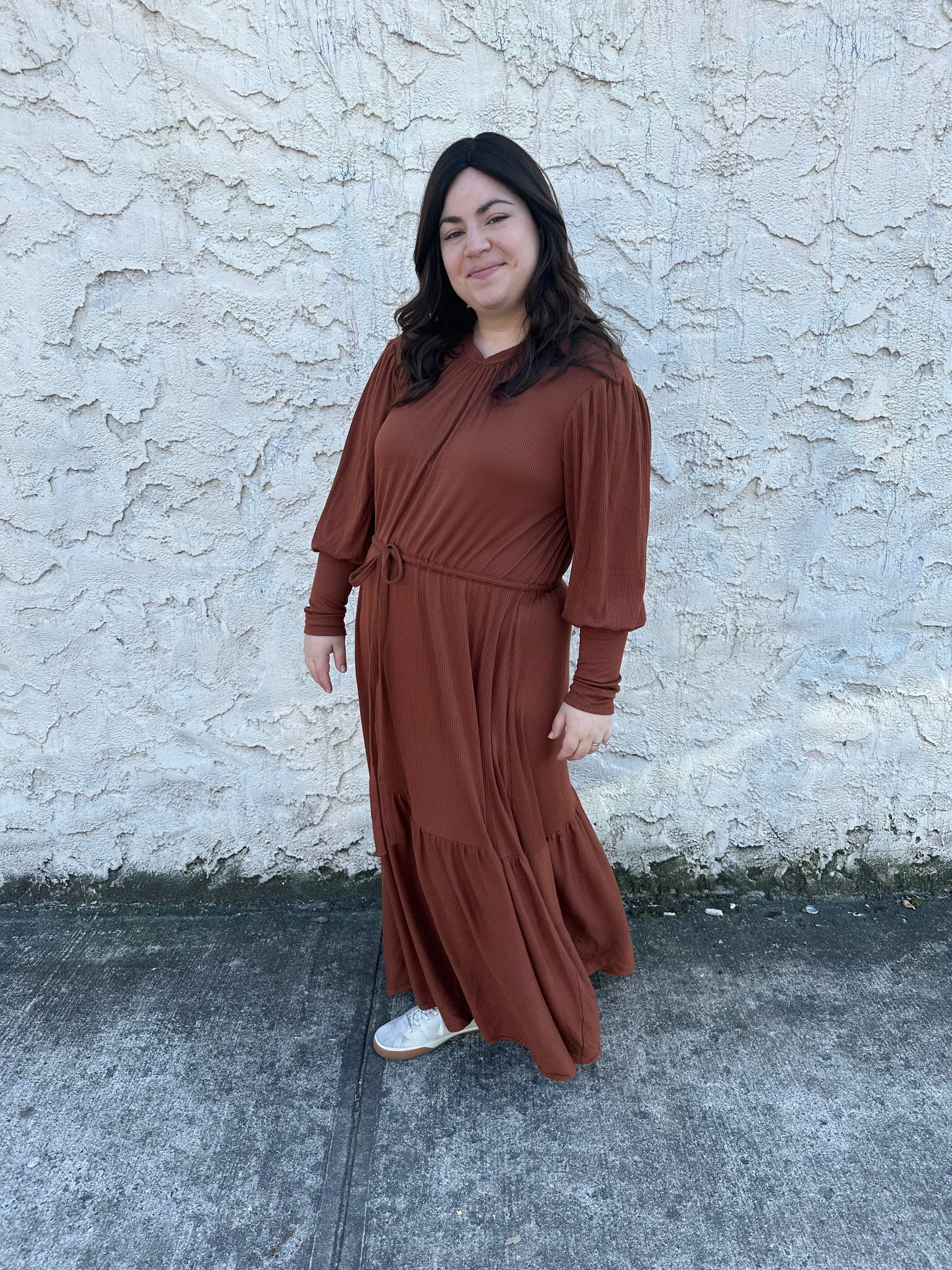 The Ribbed Maxi Drawstring Dress (Caramel)
