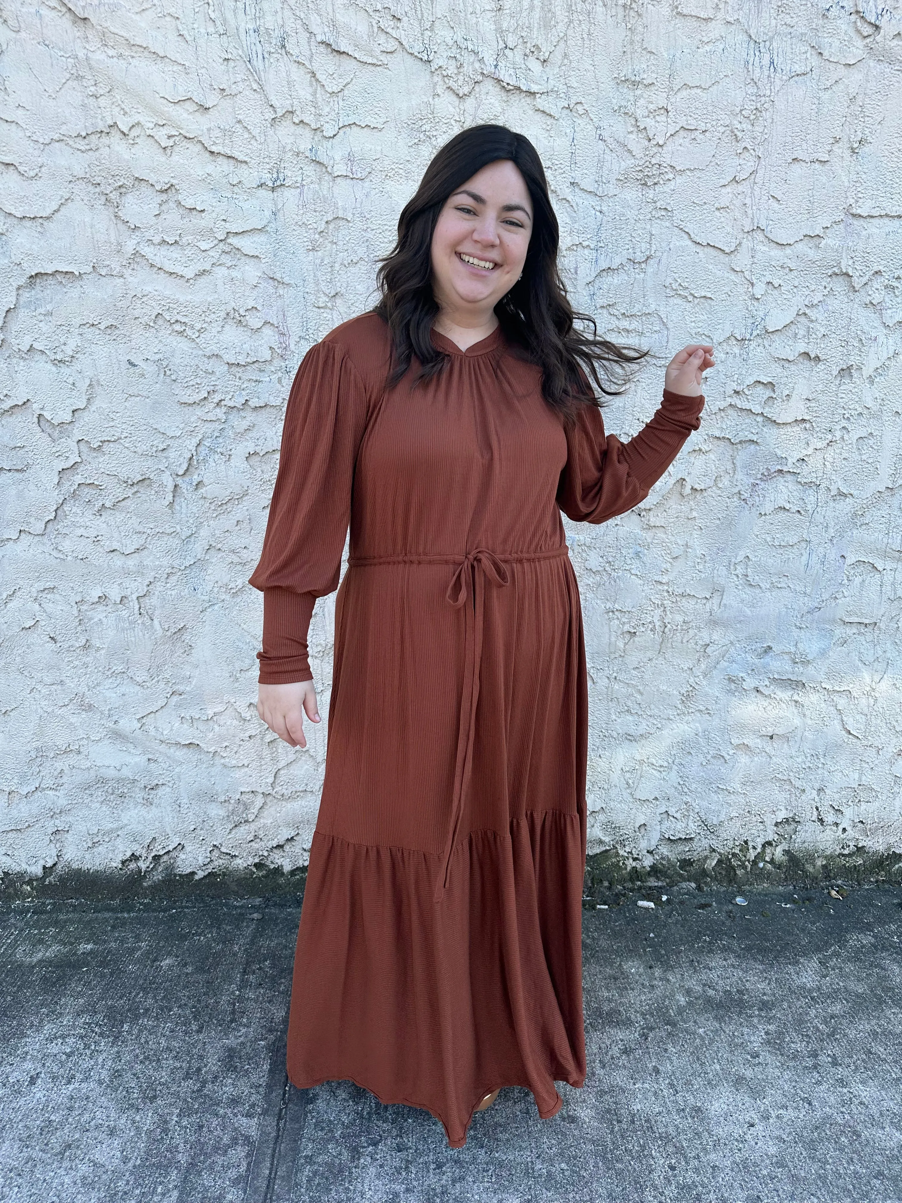 The Ribbed Maxi Drawstring Dress (Caramel)