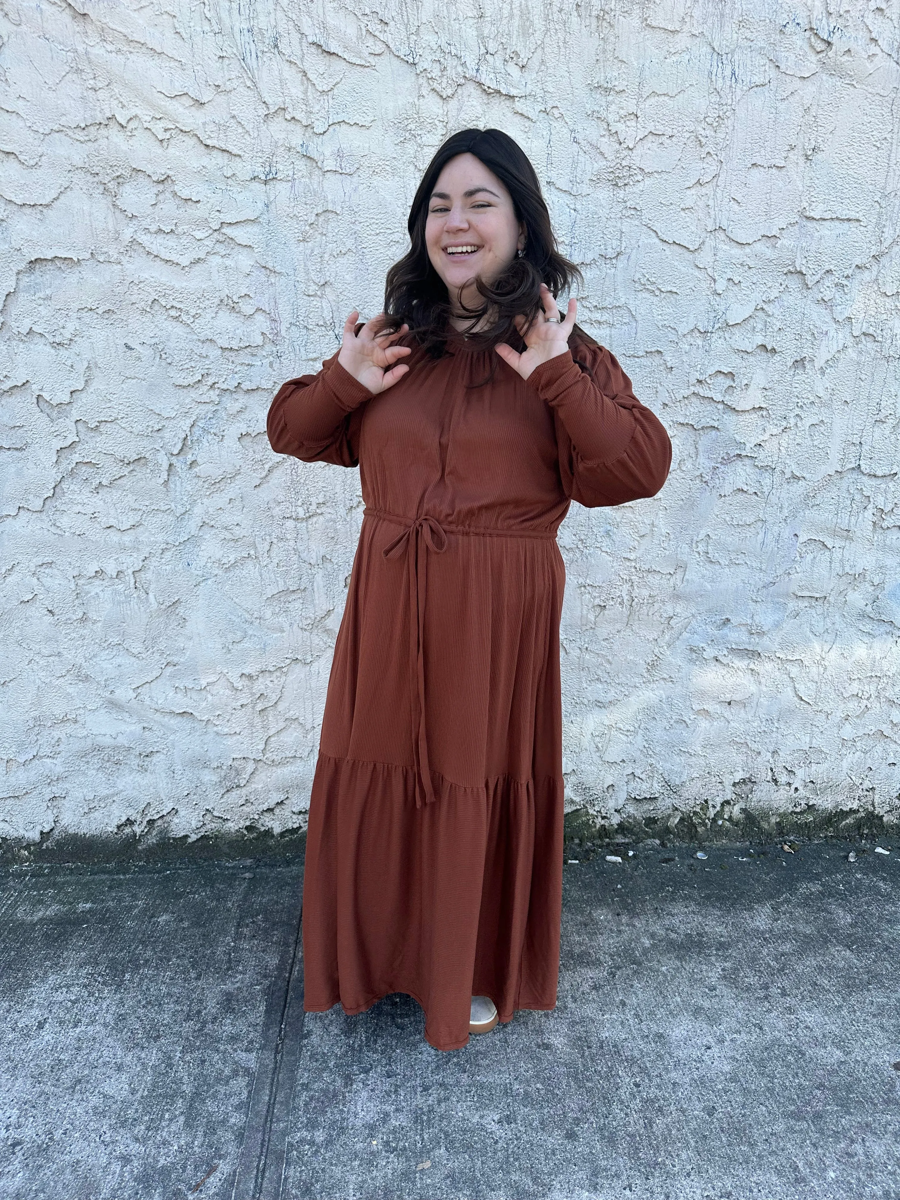 The Ribbed Maxi Drawstring Dress (Caramel)