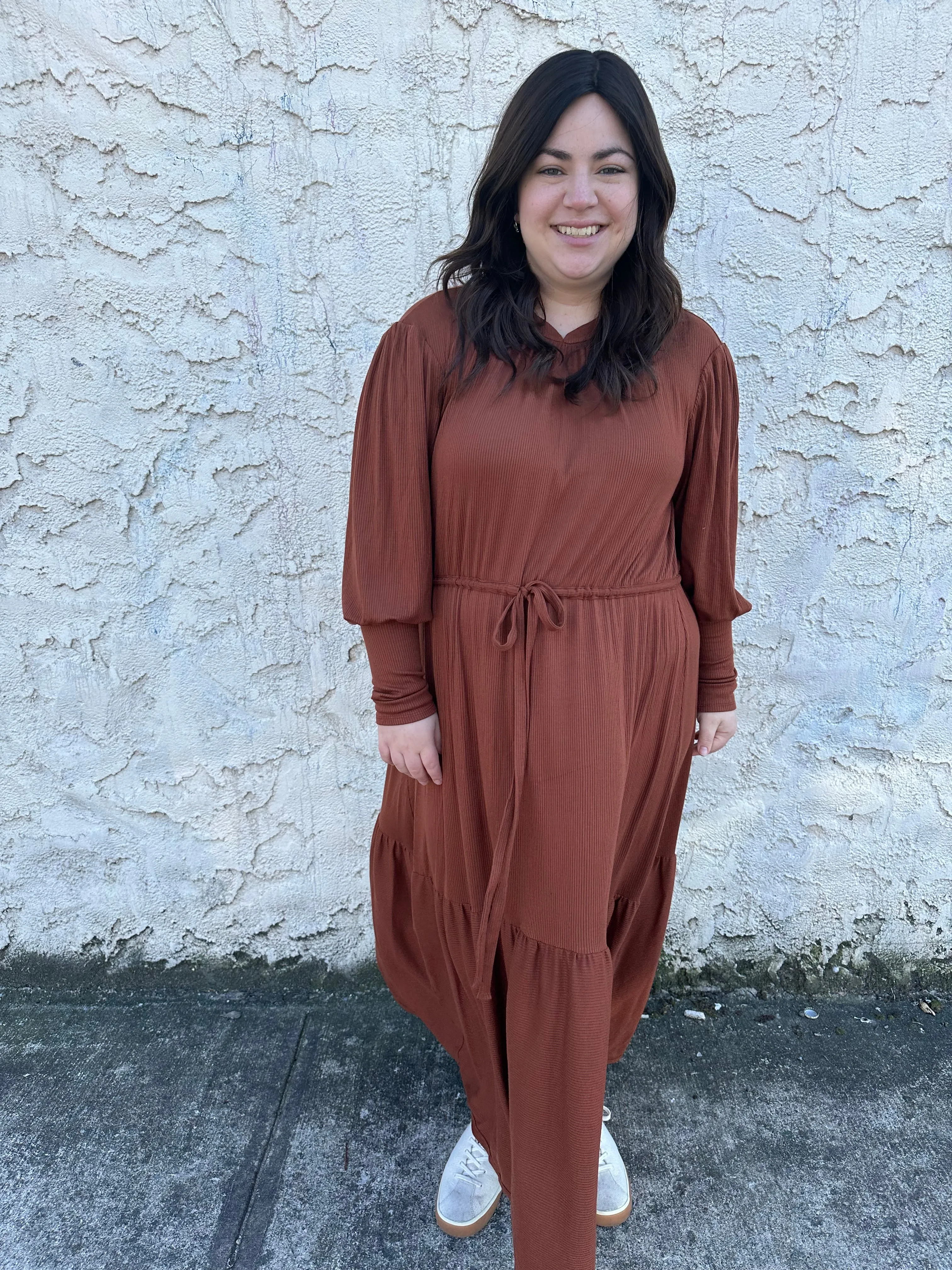The Ribbed Maxi Drawstring Dress (Caramel)