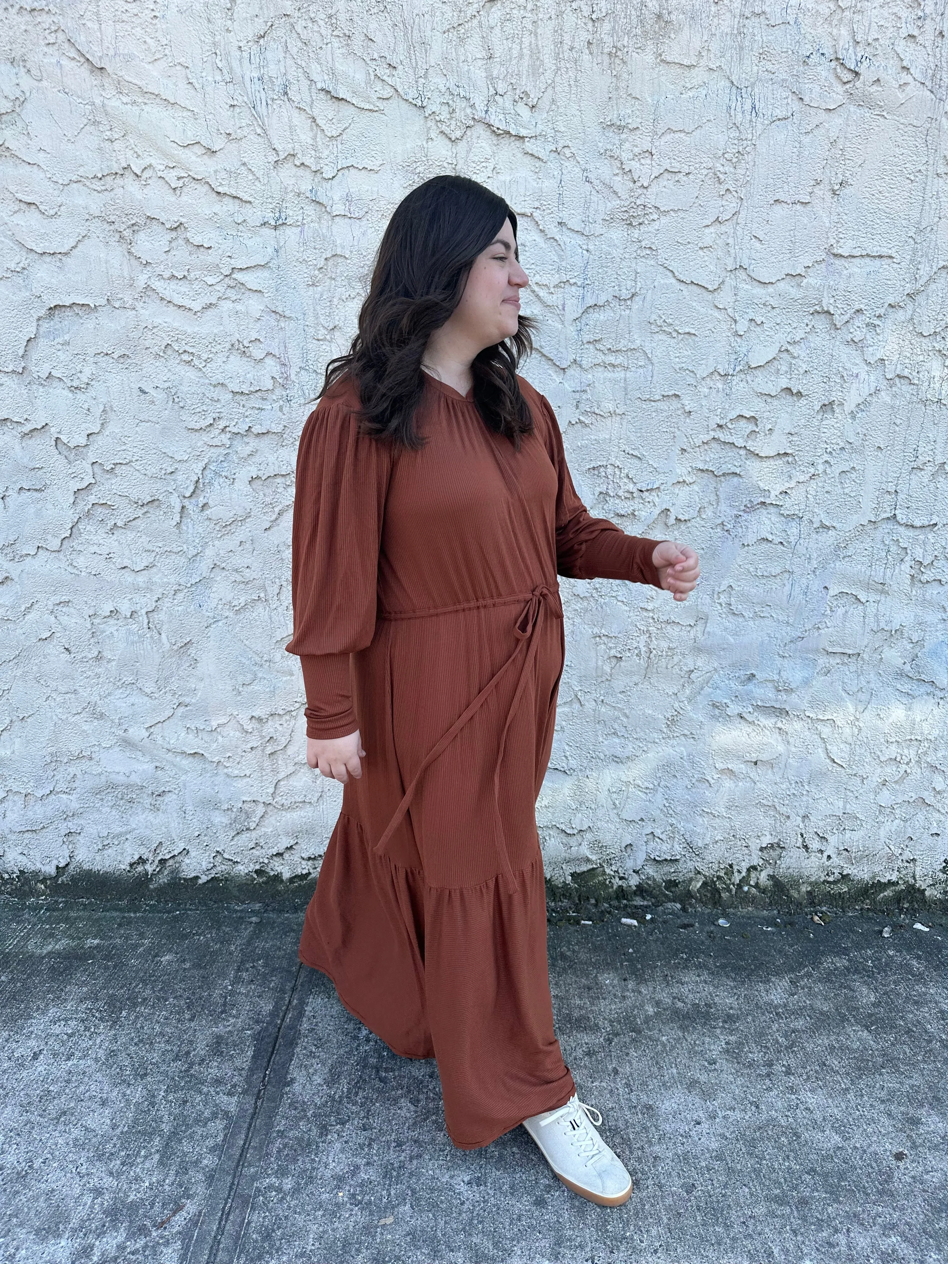 The Ribbed Maxi Drawstring Dress (Caramel)