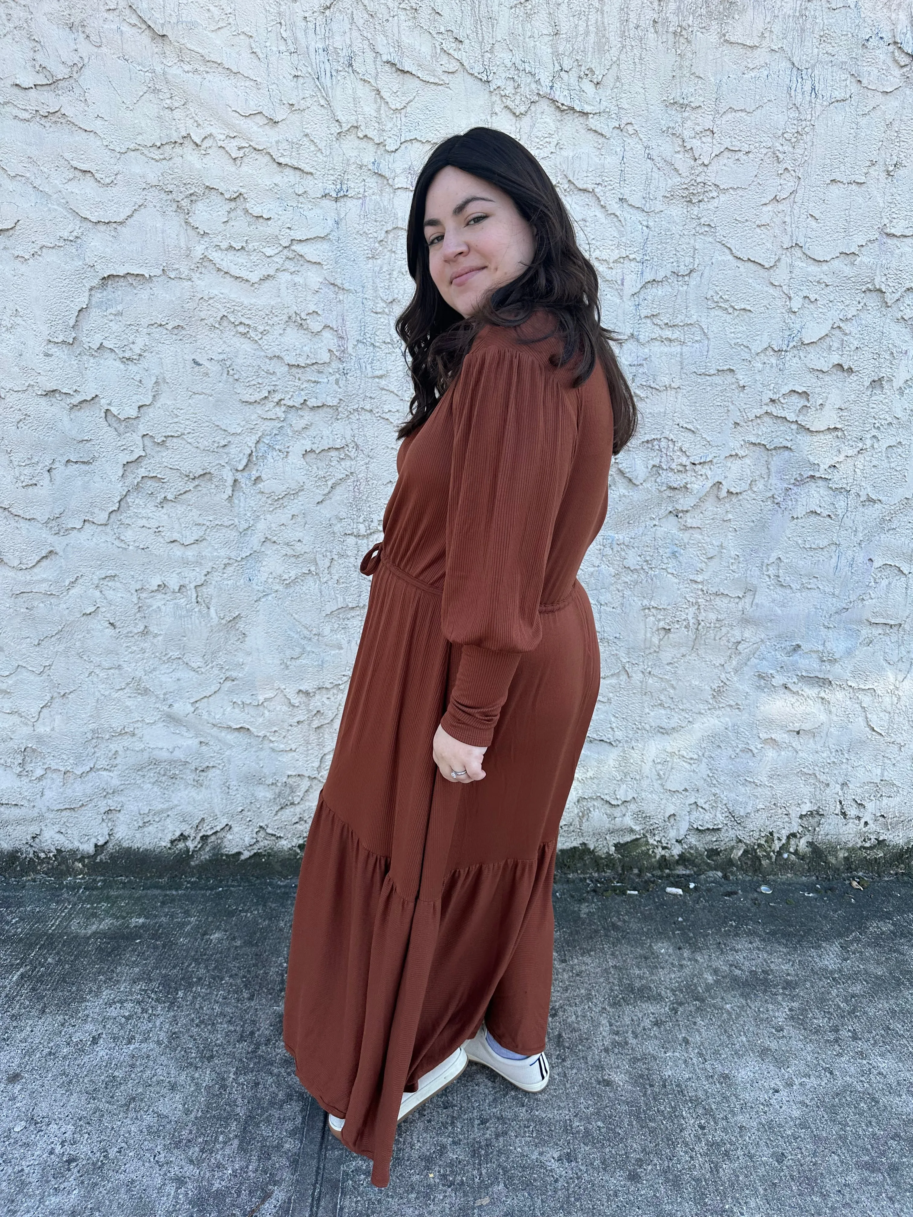 The Ribbed Maxi Drawstring Dress (Caramel)
